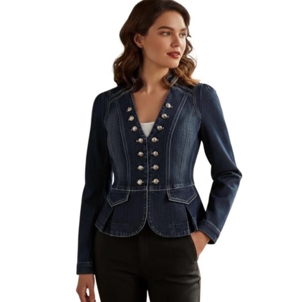 NWT White House Black Market Peplum Hem Military Inspired Jean Jacket, Sz 14 - Picture 2 of 16